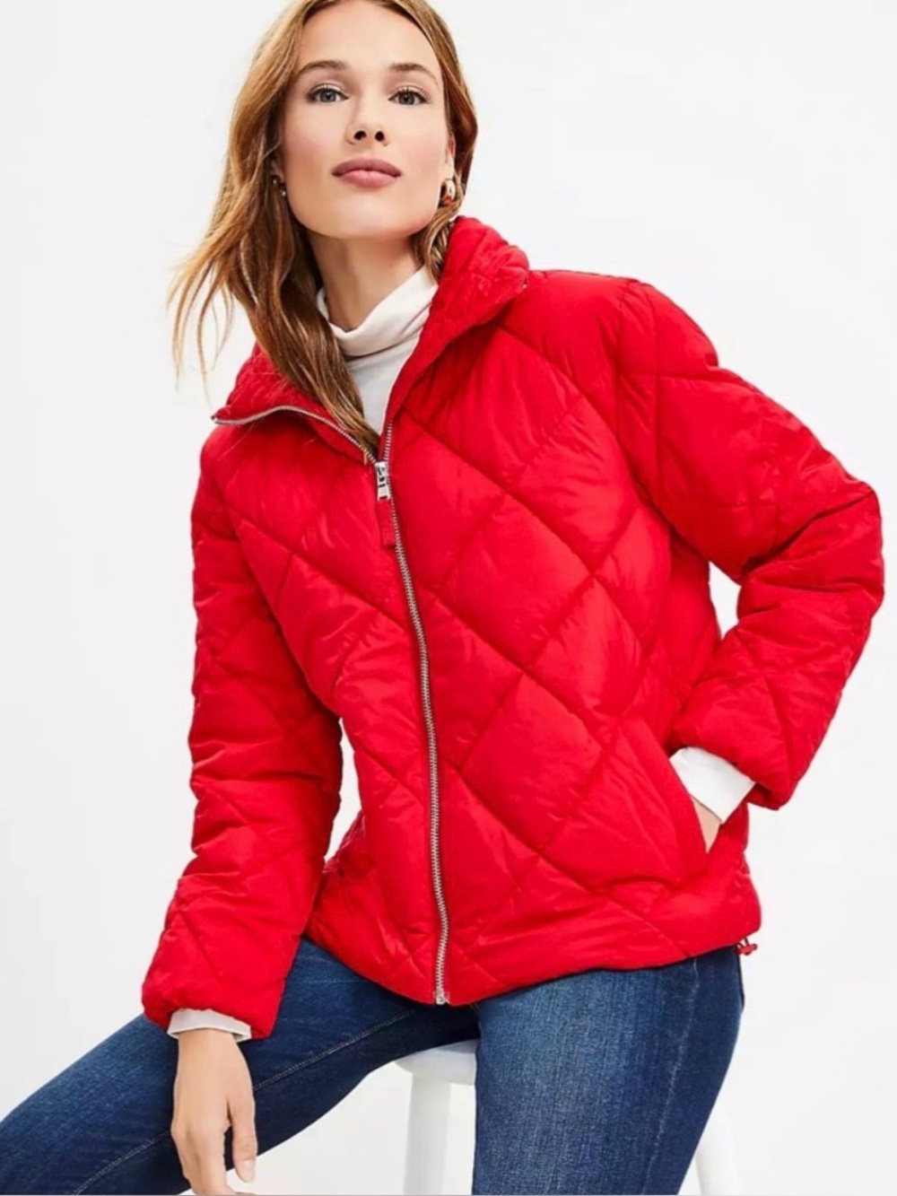 LOFT Quilted Jacket Coat Zip Up Short XL Puffer Winter Warm Boxy Preppy Red